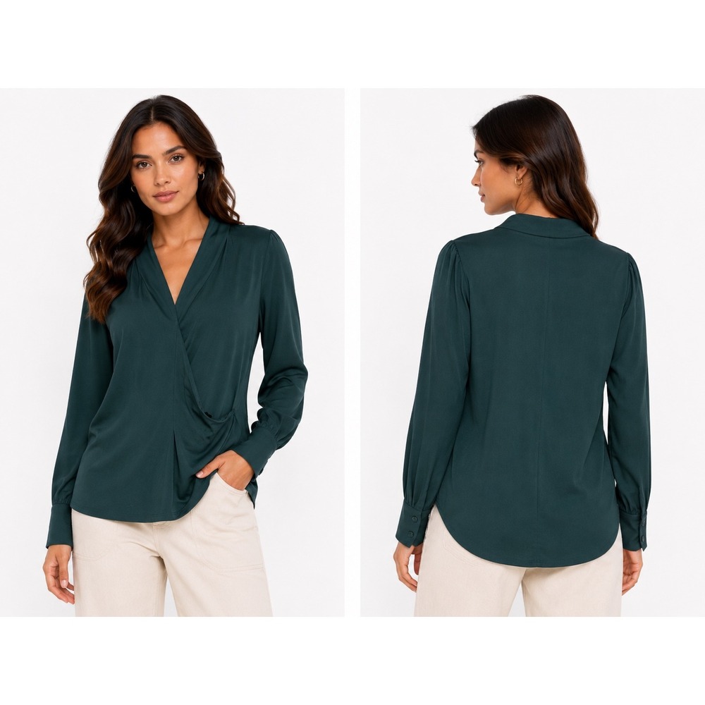 Adrianna Papell Wrap Blouse Womens Size S Teal Green Long Sleeve V-Neck Elegant